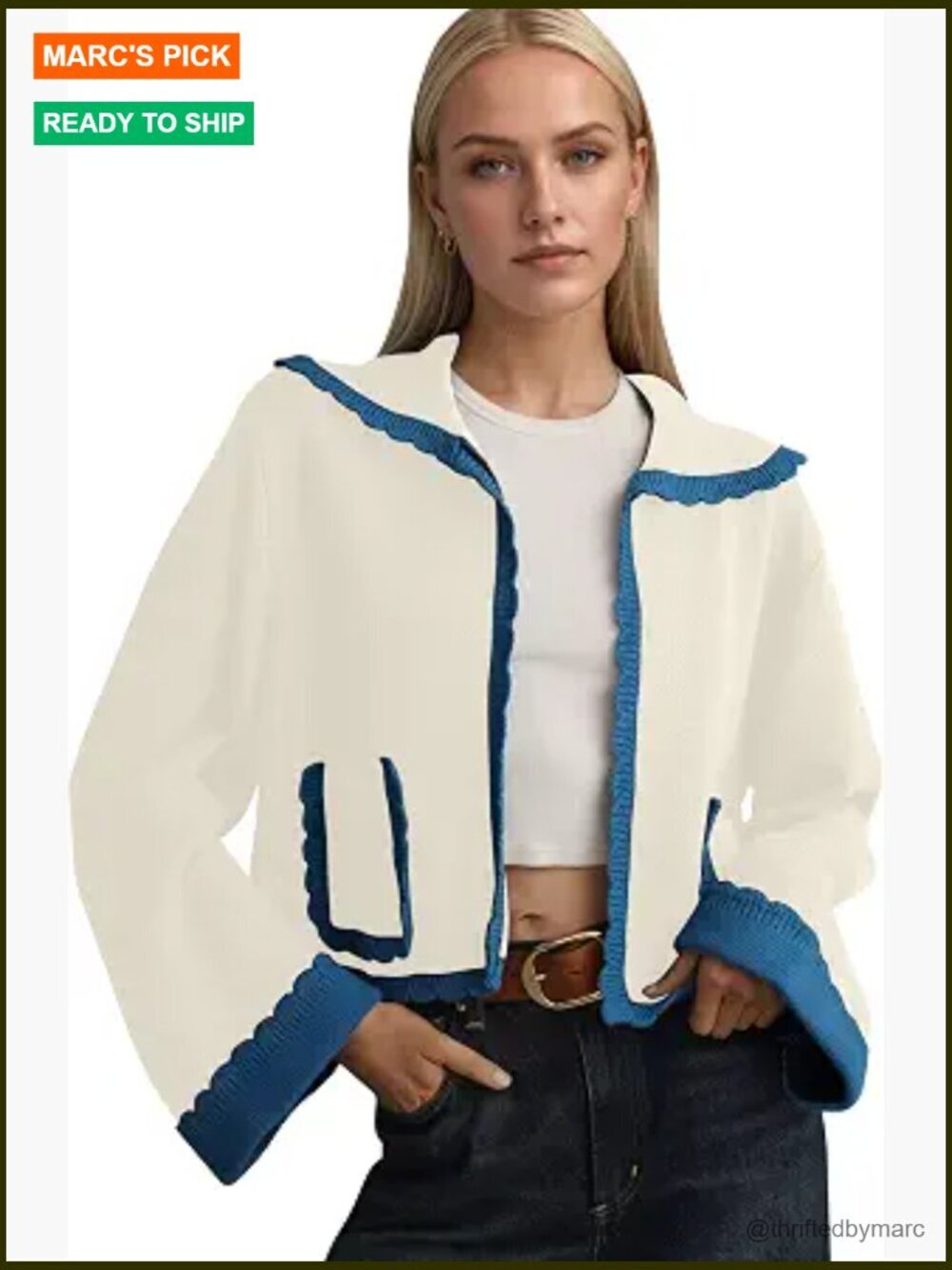 Scallop Collar Knit Cardigan Color Block Bell Sleeve Open Front with Pockets